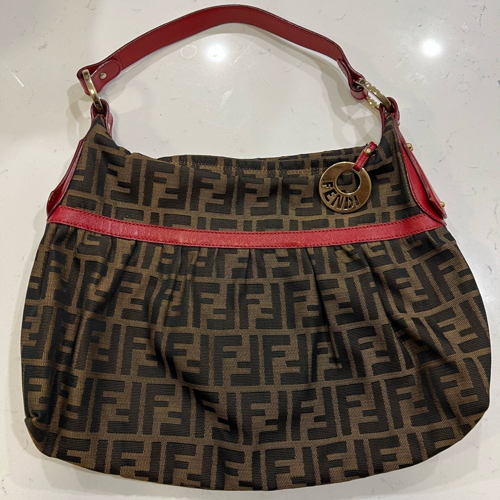 Fendi Tobacca/ Red Zucca Canvas Chef Shoulder Bag